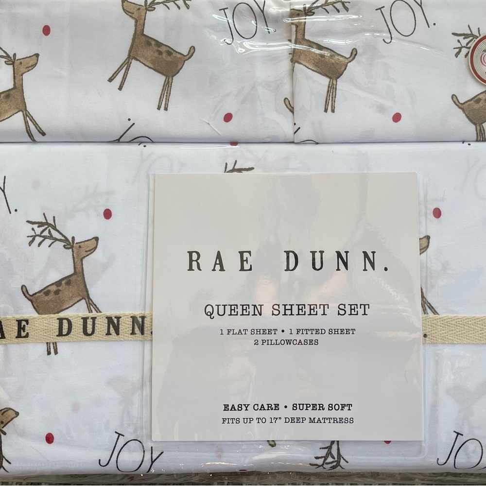 Rae Dunn Christmas Joy Reindeer Santa Queen Sheet Set White…